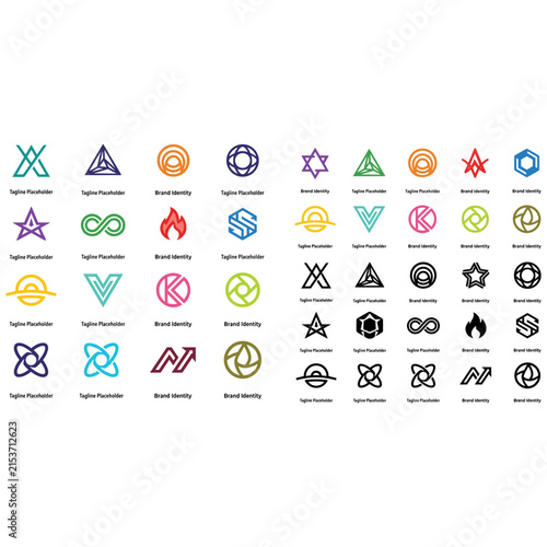 Collection of diverse geometric and symbolic icons arranged in a grid layout for design use.