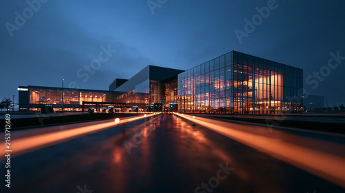 Modern Glass Corporate Headquarters Building Exterior at Dusk