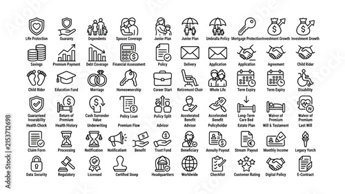 Comprehensive collection of insurance policy icons with transparent background for financial and legal documents