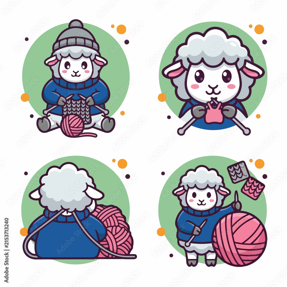 Fototapeta premium Cartoon Sheep Knitting with Yarn Balls.