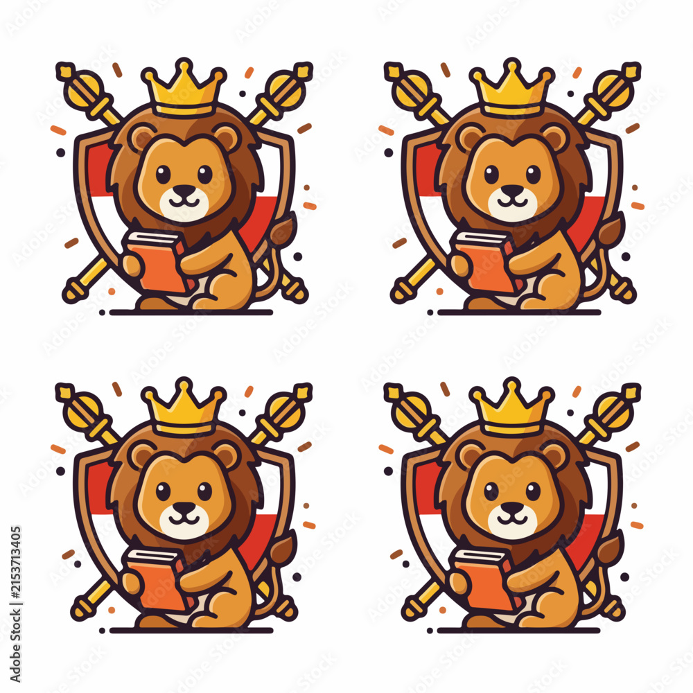 Fototapeta premium Cartoon Lion King with Shield and Crown.