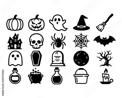 Halloween Spooky Icon Collection with Pumpkin, Ghost, Skull, Witch Hat and Haunted House