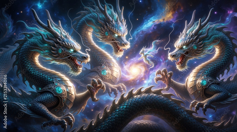 Obraz premium Three majestic dragons soar through cosmic nebula. Mythical creatures with glowing eyes guard celestial. Fantasy art depicts powerful beasts in vibrant space background.