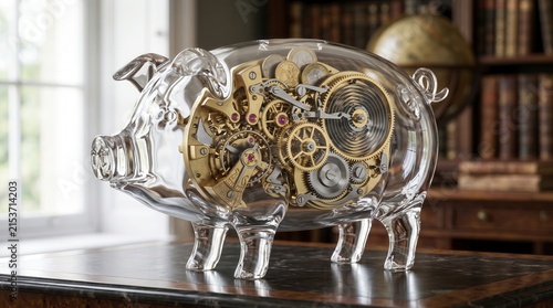 Glass piggy bank with gold clockwork gears and coins inside. Fintech and neobank savings concept with blurred library background.