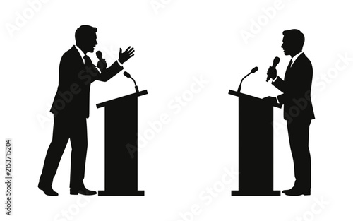Silhouette of two men speaking at podiums against a white background