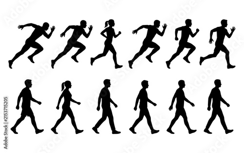 Human silhouettes demonstrate various running and walking poses against a white background