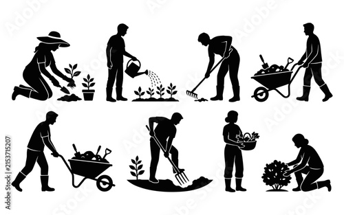 Gardening silhouettes depict various activities with plants and tools