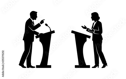 Debate silhouettes of man and woman speaking at podiums on white background
