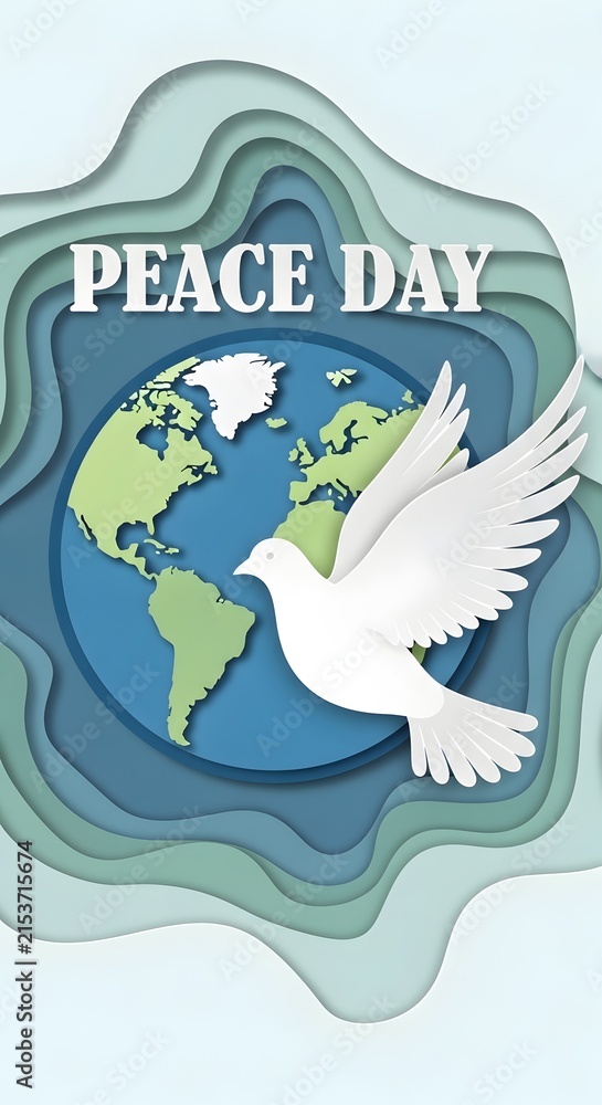 Fototapeta premium Peace day paper art composition with a white dove and a globe map international creative
