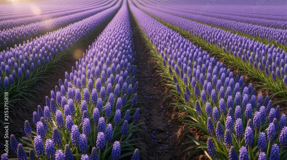 Naklejka premium Vast purple flower field stretches in neat rows toward horizon. Sunlight beams across organized agricultural plantation, creating serene landscape. Plants grow in orderly pattern.
