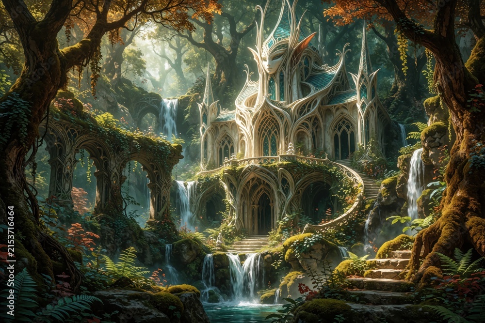 Fototapeta premium Elven castle nestled in lush green forest amidst cascading waterfalls, ancient trees. Intricate architecture blends with nature, creating magical, serene, mysterious atmosphere. Peaceful water flow.