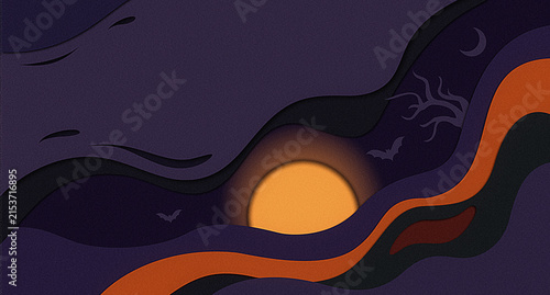 Halloween paper cut moon abstract night background with orange moon and purple waves for spooky webpage header, banner or poster design