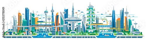 Fotografía Futuristic Cityscape with Sustainable Transport and Green Architecture