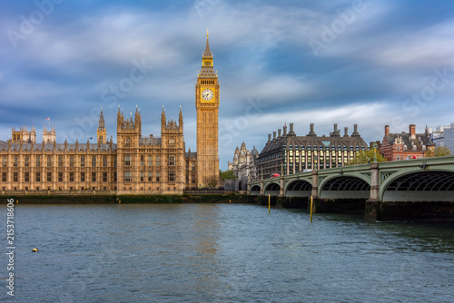 Houses of parliament with Big Ben tower and Westminster bridge over Thames river, London, UK