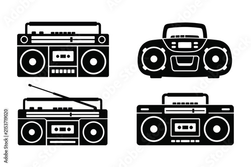 Vintage boombox vector icon set - retro cassette player, radio, and ghetto blaster black silhouettes