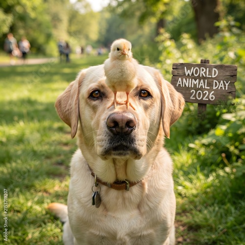 Labrador retriever dog with cute yellow chick perched on nose celebrating animal welfare.
