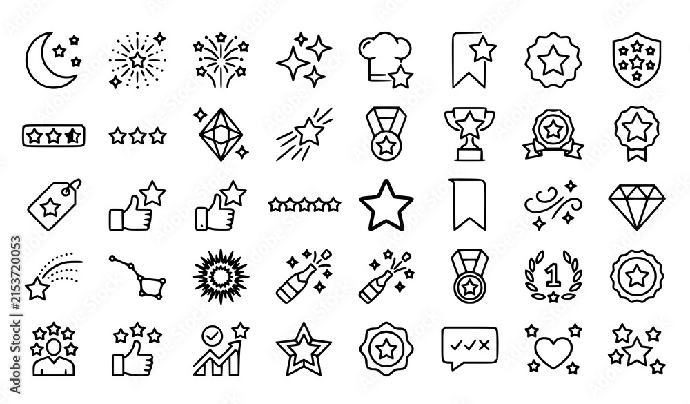Obraz premium Minimal Stars Awards and Sparkle Linear Icon Pack with Premium Rating Favorite and Fireworks Symbols Vector
