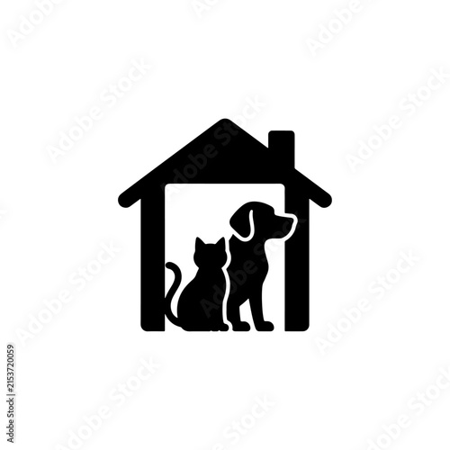 Pet House with Cat and Dog Black Silhouette Logo Icon Isolated Vector Illustration