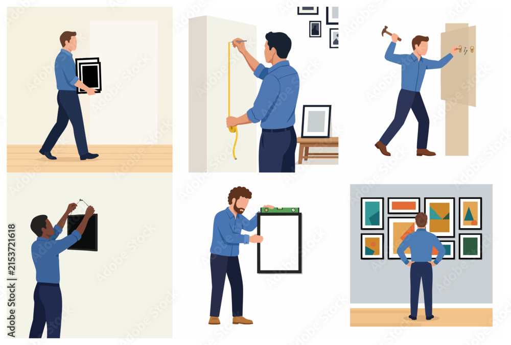 Fototapeta premium Man Hanging Picture Frames on Wall Step by Step DIY Home Decor Illustration Set