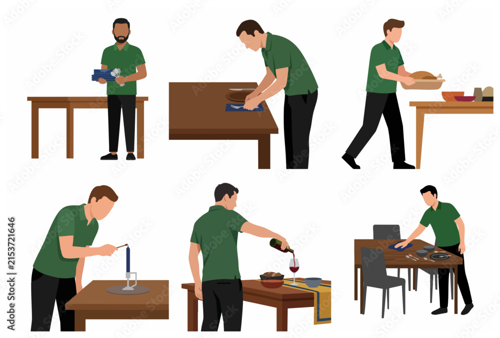 Fototapeta premium Set of male waiters or servers preparing a dining table, pouring wine, lighting candles, and serving food in a flat vector illustration style.