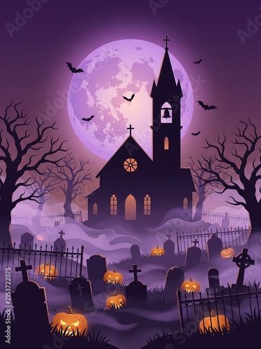 Haunted graveyard with old church and carved pumpkins under a large purple moon halloween graveyard cemetery pumpkins tombstones