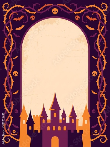 Haunted castle silhouette at bottom of high archway frame decorated with thorny vines and spooky skulls for halloween, decoration