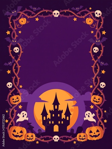 Halloween castle silhouette set against full moon with carved pumpkins and ghosts in decorative skull and thorn frame halloween decoration