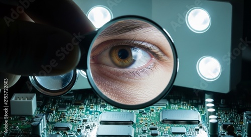 Close-up magnifying glass reveals human eye over intricate circuit board technology