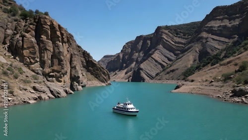 a boat floating on turquoise water between lush canyon cliffs under a clear blue sky, the vessel positioned within an exemplary geological basin valuable for educational interpretation and environment
