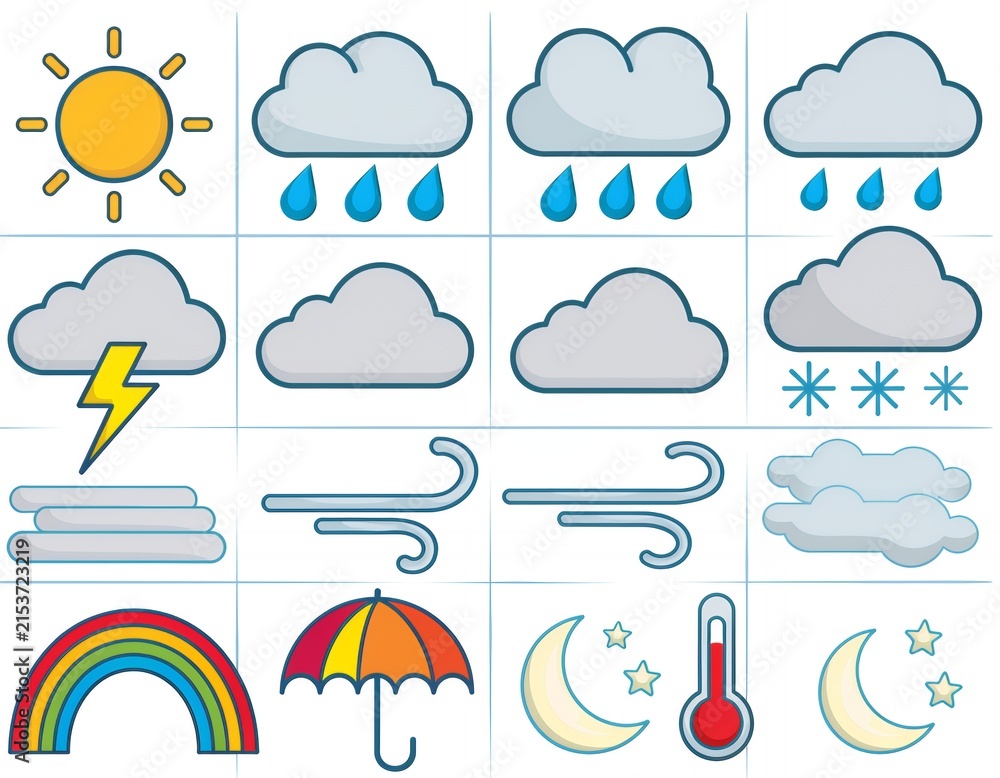 Fototapeta premium Colorful weather icon collection featuring sun rain clouds snow lightning rainbow umbrella and thermometer symbols