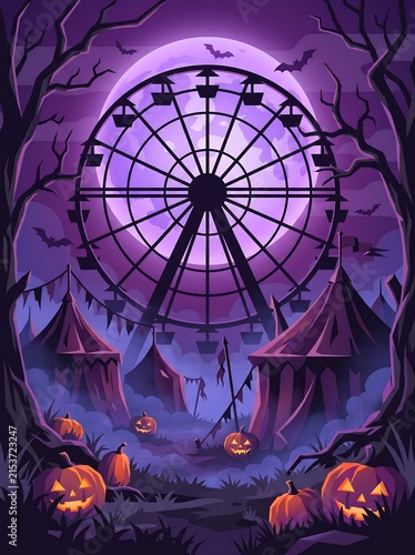 Spooky carnival fairground under full moon with ferris wheel halloween carnival fairground atmosphere amusement silhouette celebration