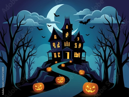 Eerie haunted mansion with crescent moon and glowing jack o lantern path crescent halloween jackolantern celebration illustration