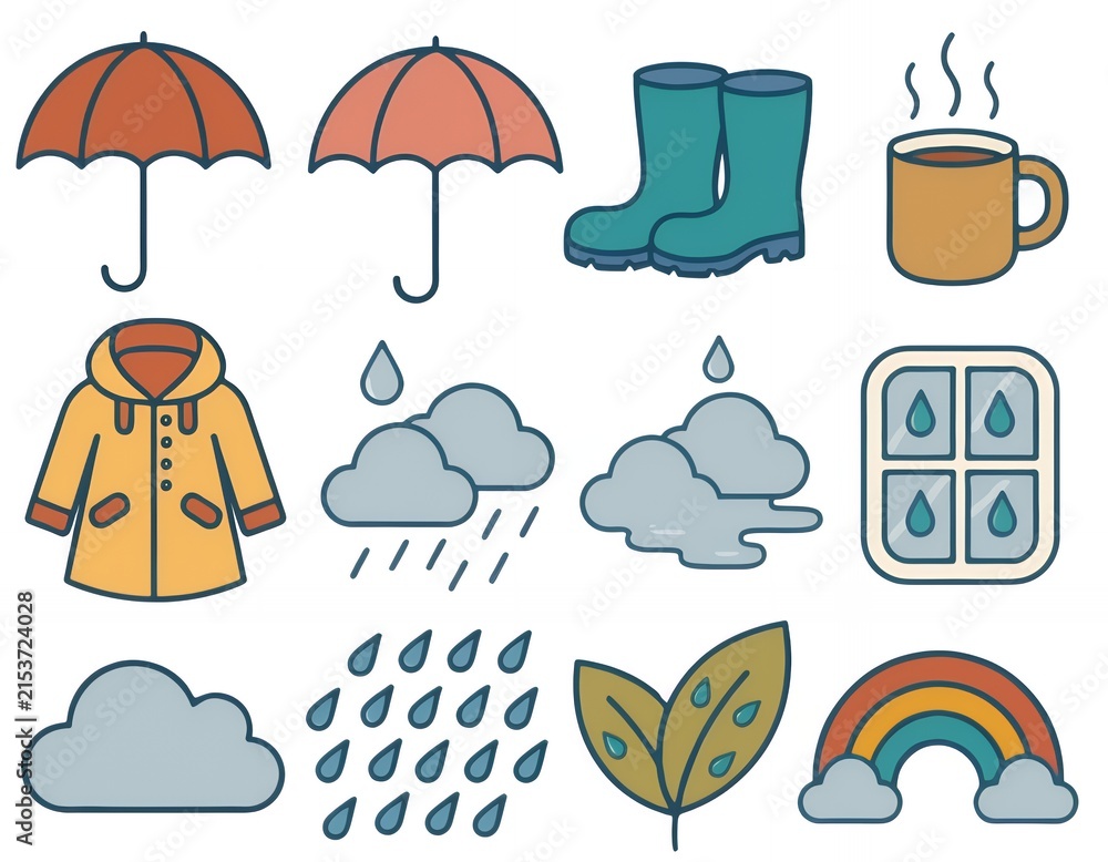 Fototapeta premium Cozy rainy day icon collection featuring warm umbrella, rain boots, steaming hot drink, and autumn weather symbols for autumn design projects