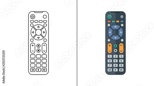 Television remote control line drawing and realistic remote.