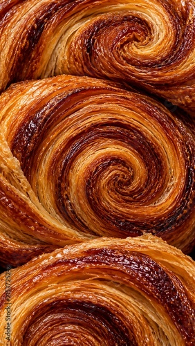 Delicious caramelized French pastry swirl texture in extreme close-up