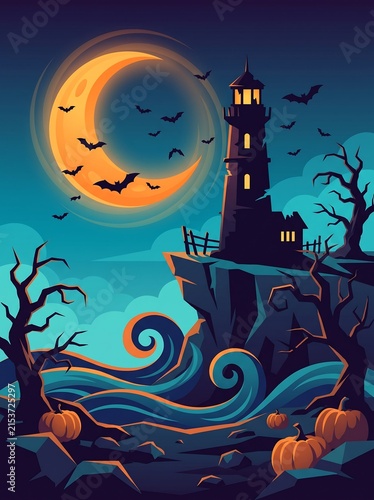 Mystical crescent moon night scene featuring a tall dark lighthouse on a rocky cliffside surrounded by stylized dark ocean waves, lighthouse