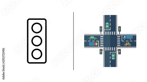 Traffic light signal and urban road intersection overhead view.