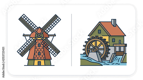 Foto Traditional windmill and watermill building vector illustrations.