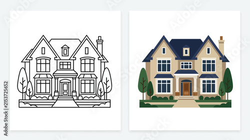 Two story suburban house exterior line art and color.