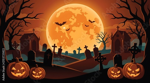 Halloween graveyard landscape with tombstones and carved pumpkins under a large glowing full moon halloween cemetery graveyard tombstones