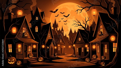 Spooky haunted neighborhood street at night with jack o lanterns and glowing under a full moon halloween jackolantern lanterns celebration
