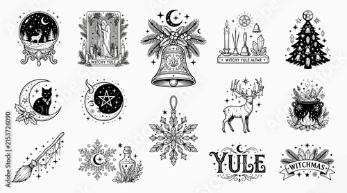 Photography Vintage Yule collection, traditional Christmas emblems and retro holiday labels,