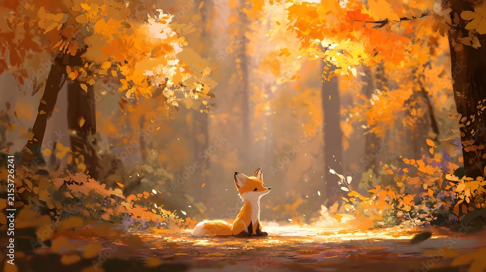 Fototapeta premium Young fox sitting amid golden leaves in a sunlit autumn forest glade