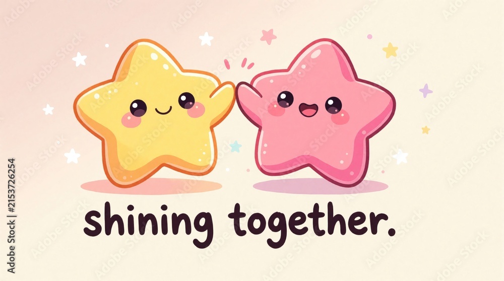 Fototapeta premium Kawaii stars high-five with text shining together. Cute yellow and pink celestial bodies celebrate success or teamwork. Fun cartoon illustration for kids or design.