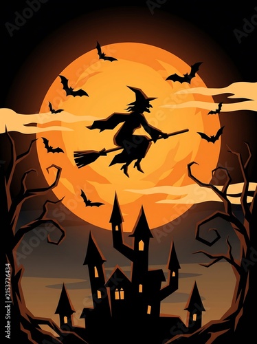 Spooky halloween scene with a witch flying on a broomstick past a giant orange moon and bats above a haunted village at night, broomstick