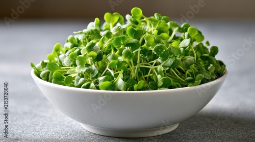 Fresh green microgreens piled high in a white bowl on a textured surface ready for healthy meal preparation and nutritious consumption