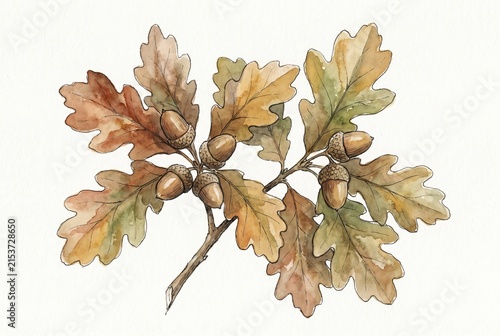Watercolor oak branch with autumn leaves and acorns. Botanical illustration on white background. Elegant earthy style element for seasonal greeting card and fall decor.
