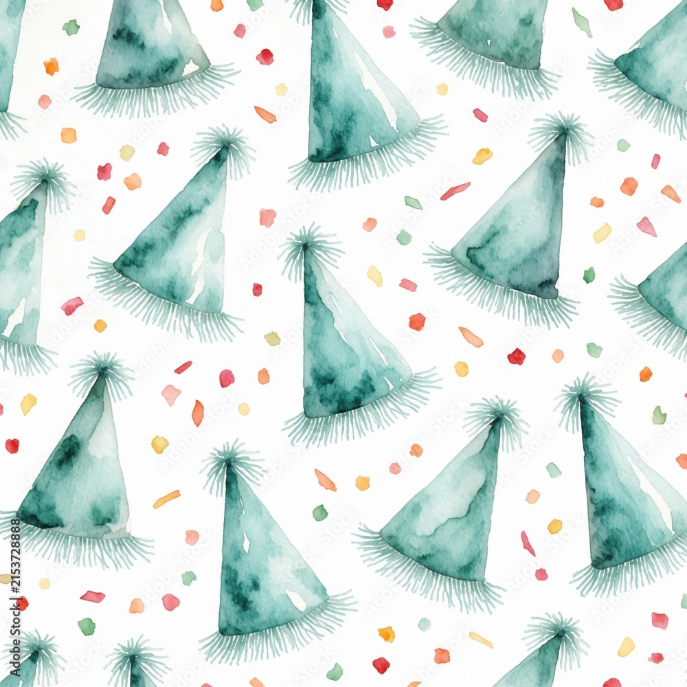 Obraz premium Watercolor seamless pattern with teal party hats and colorful confetti. Festive background repeats. Celebration, holiday, fun design. Great for invites, cards, wrapping paper.