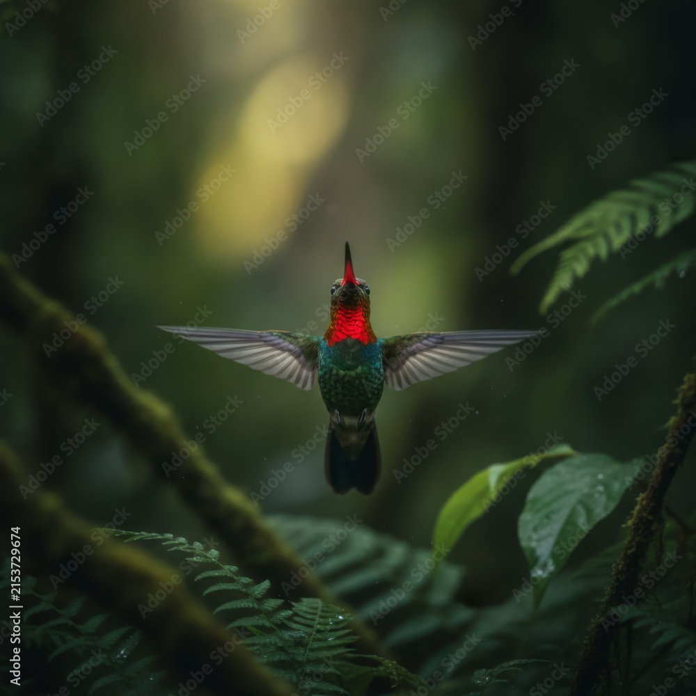 Obraz premium Hummingbird hovering among lush green ferns in a misty tropical rainforest