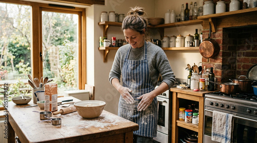 Woman kneading dough in rustic farmhouse kitchen with wooden shelves and vintage decor, traditional homemade bread baking preparation